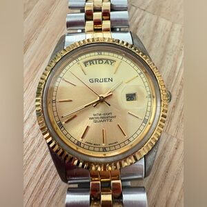 Gruen men’s gold tone silver tone classic presidential style watch NEW BATTERY